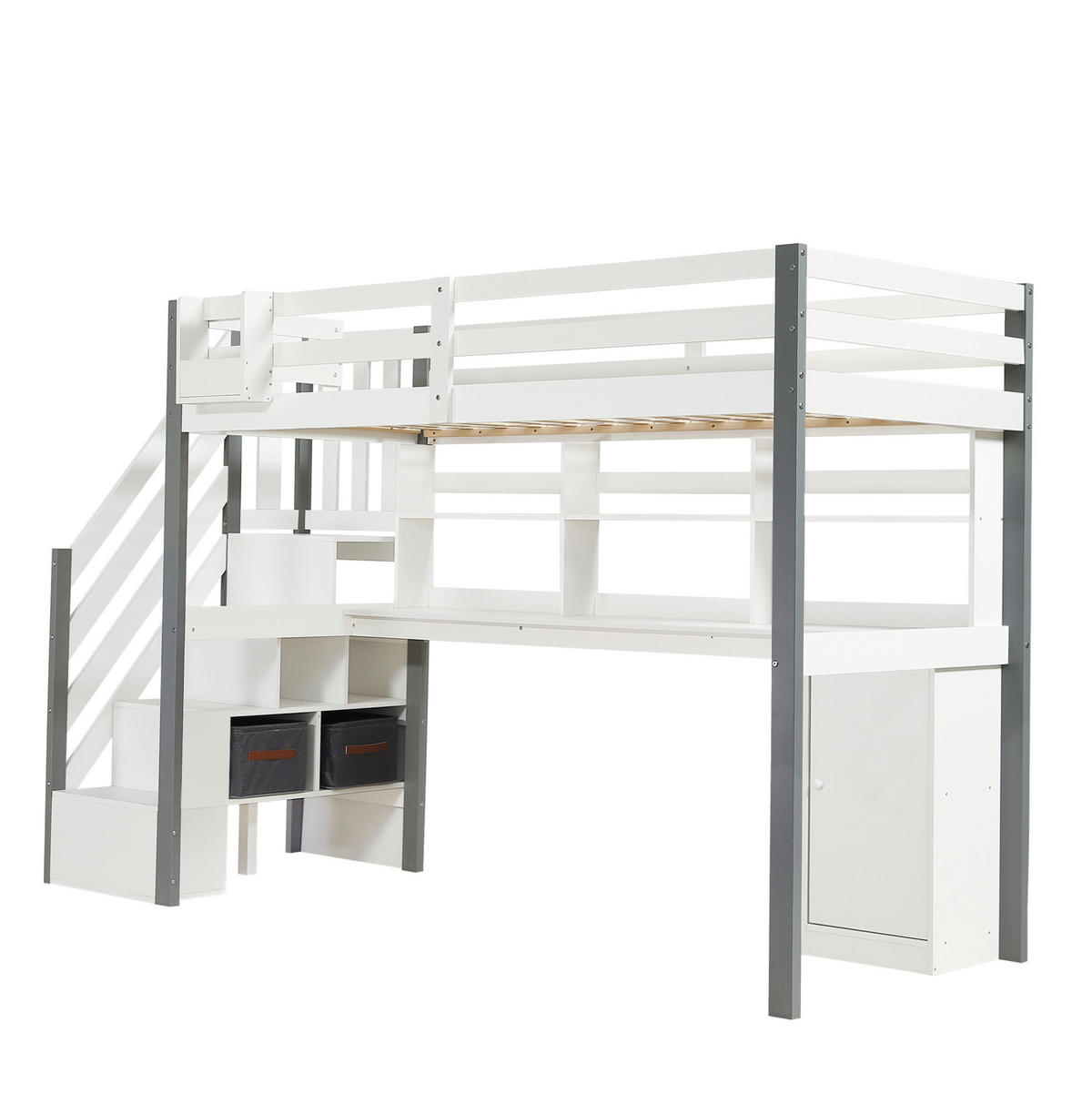 HOCHBETT aus Massivholz und MDF 90x200 cm in Weiß/Grau mit Schreibtisch - Weiß, Holz (90/200cm) - Modfu