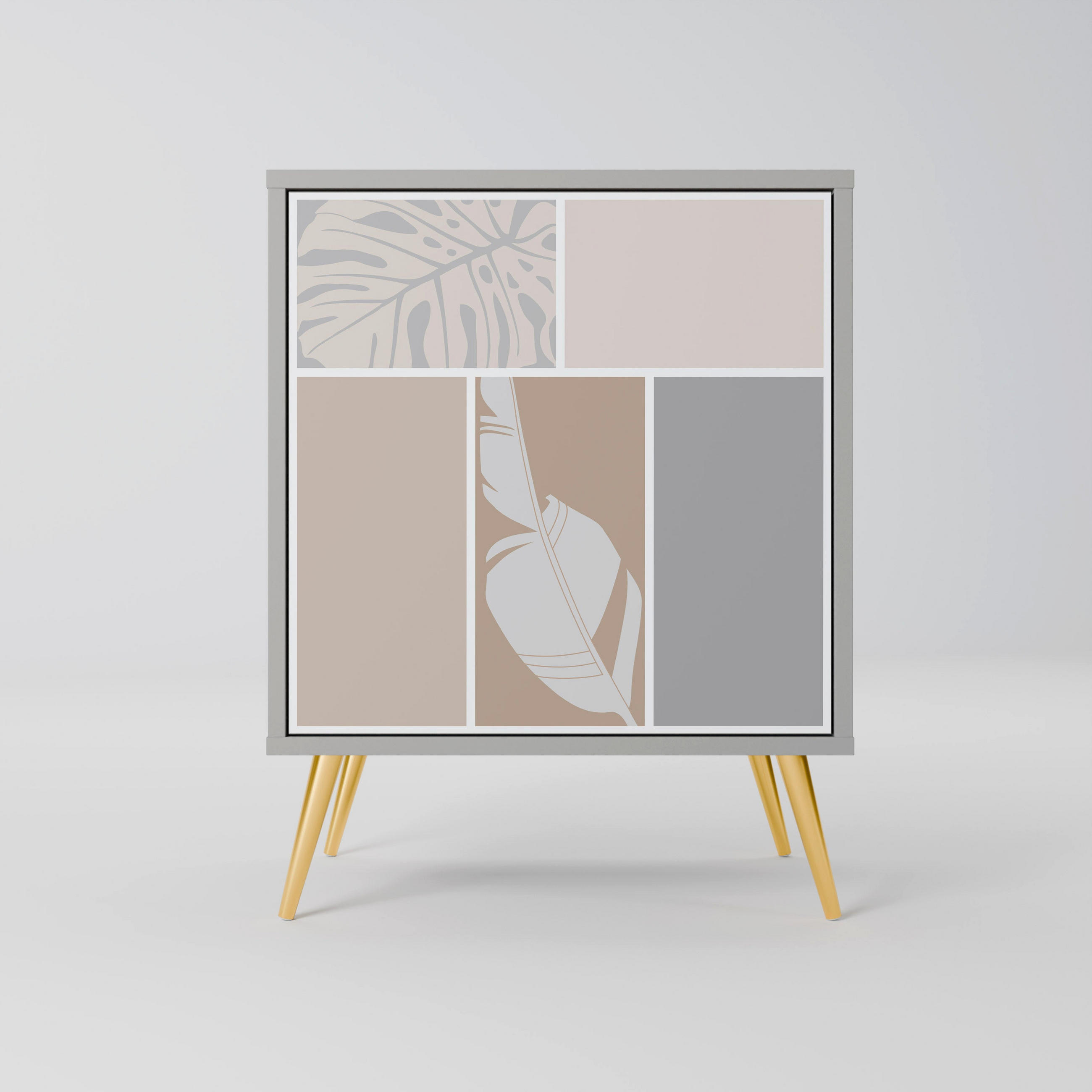 SIDEBOARD TROPICAL SHAPES, Grau, 57,5x42x75,5 cm, Goldfarbene Metallfüße - Goldfarben/Multicolor, Holzwerkstoff/Metall (57.5/75.5/42cm) - SpaceRebels