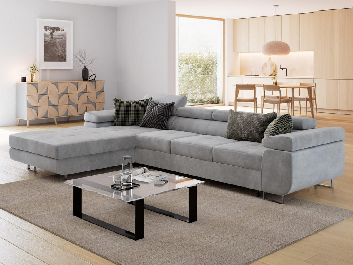 ECKSOFA VEMO CORE PLUS Links Schwarz Velours-Stoff mit Schlaffunktion und Bettkasten - Schwarz, Holz/Metall (335/205cm) - Barchello