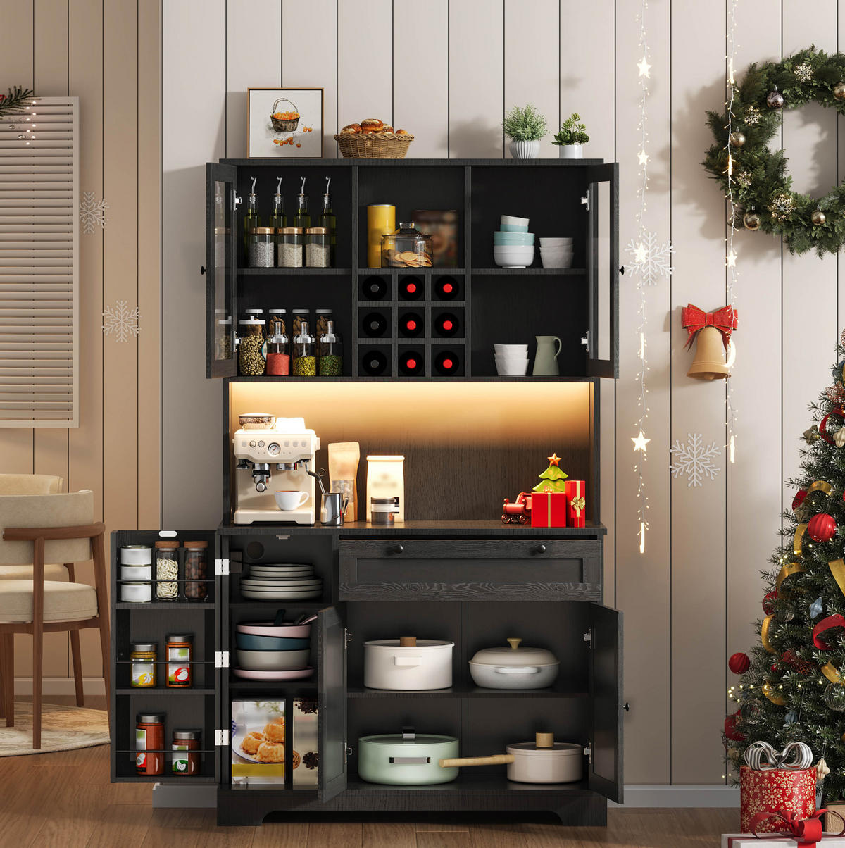 BUFFETSCHRANK 105/40/180 cm schwarz aus MDF mit LED und Steckdose - Schwarz, Holzwerkstoff (105/180/40cm) - OKWISH