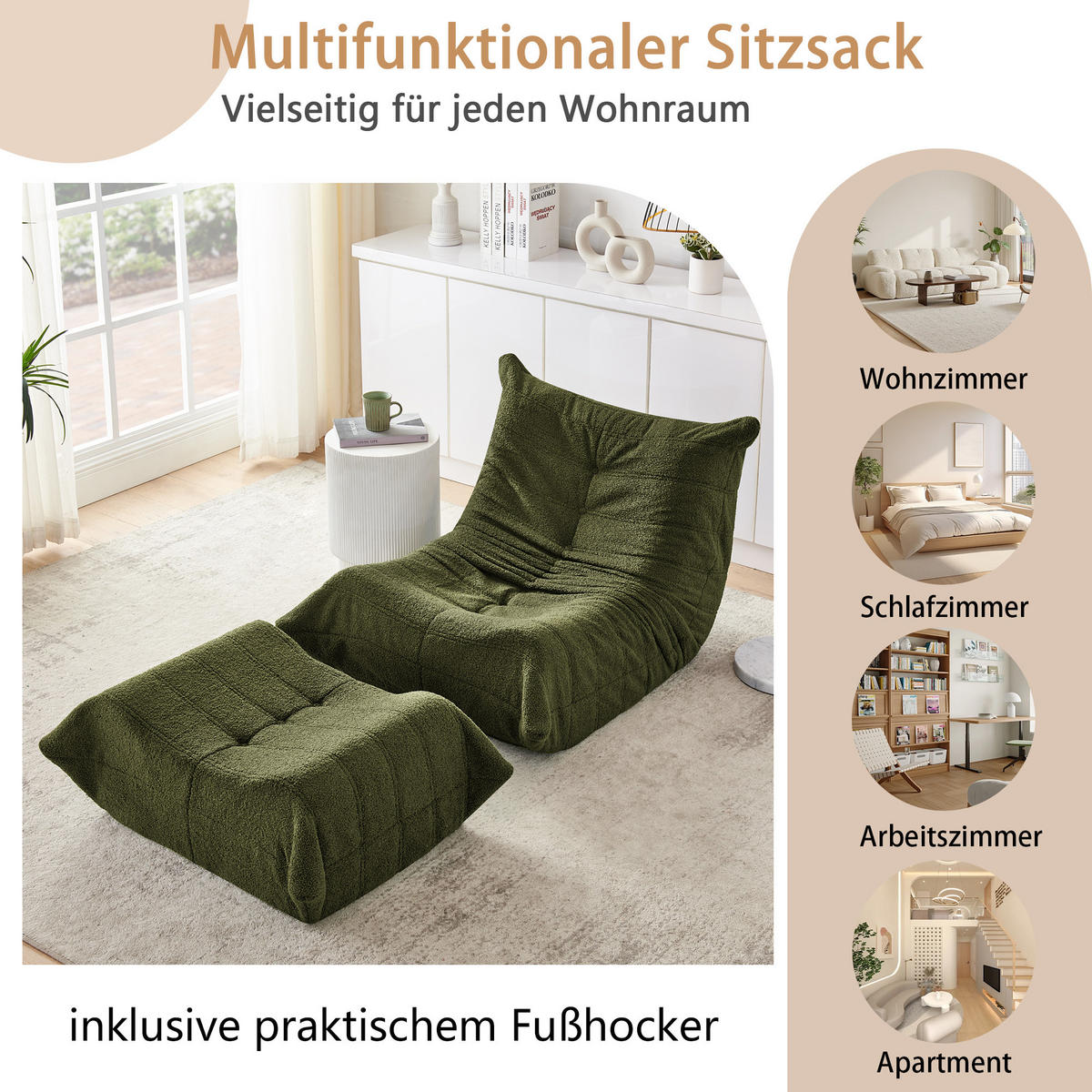 LAZY SOFA Teddyfell Optik mit Hocker weich & ergonomisch - Grün, Textil (100/70/90cm) - Urban Meuble