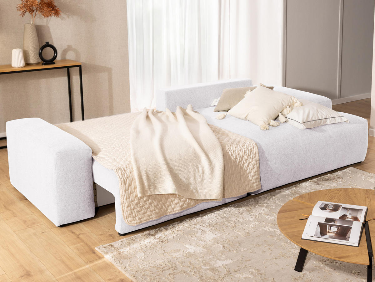 ECKSOFA Lennon aus Creme Strukturstoff mit Schlaffunktion und Bettkasten - Creme/Schwarz, Holz/Kunststoff (264/137cm) - S-Style