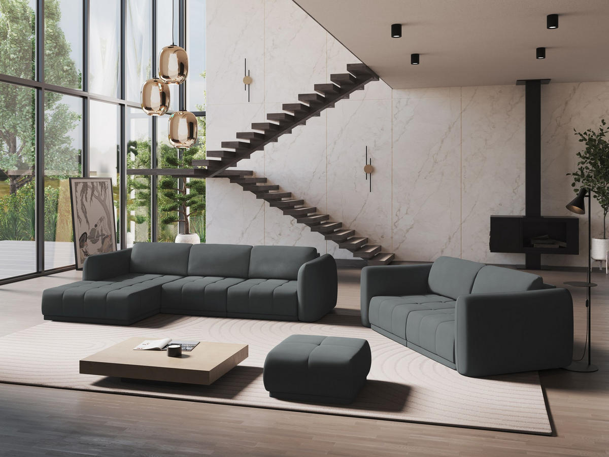 ECKSOFA Links Chenille Stoff Grau - Schwarz/Graphitfarben, Kunststoff/Textil (170/290cm) - Makamii