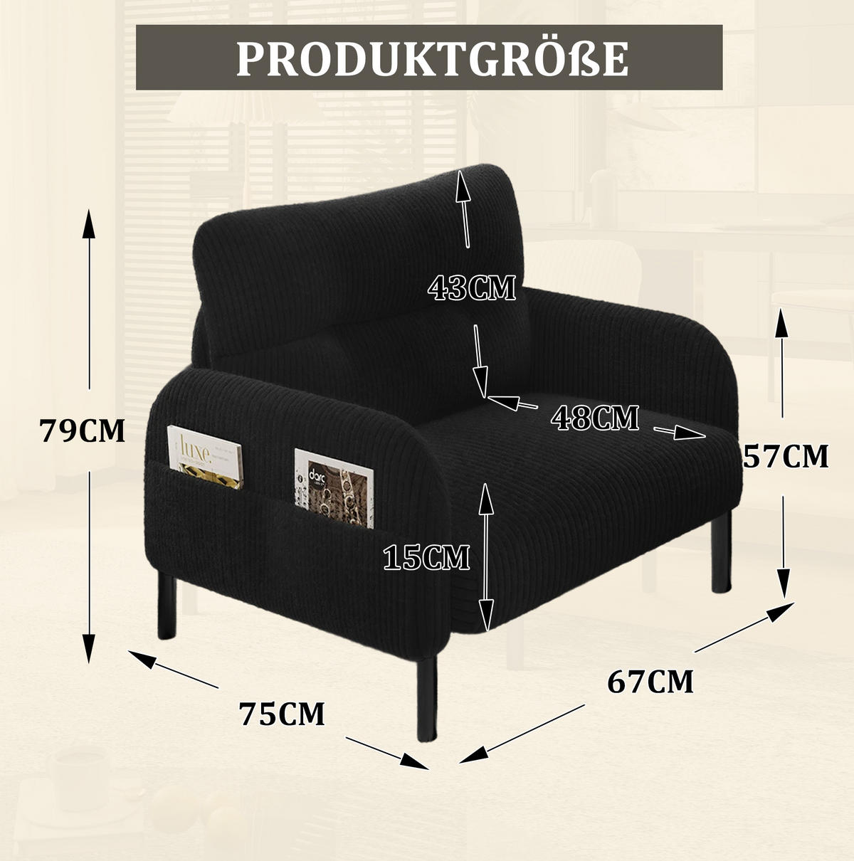 SESSEL 67/75/79 cm in Schwarz aus Cord mit Seitentasche - Schwarz, Textil (67/79/75cm) - BEAOK