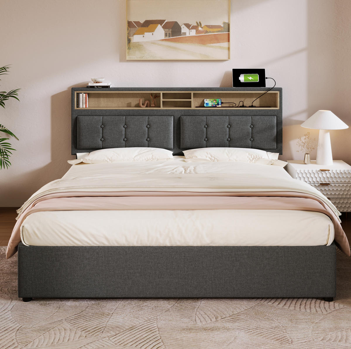POLSTERBETT 140/200 cm aus Leinen mit verstellbarem Kopfteil und USB-C-Steckdose Grau - Grau, Textil (140/200cm) - Modenvie