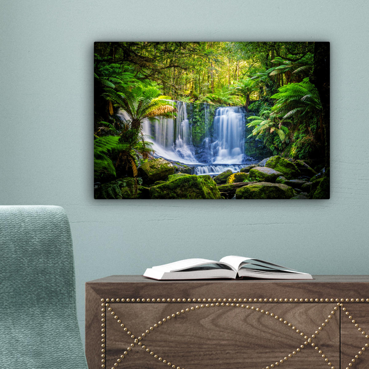 LEINWANDBILD Dschungel - Wasserfall - Australien - Pflanzen - Natur 30x20 cm - Dunkelgrün, Textil (30/20cm) - MuchoWow