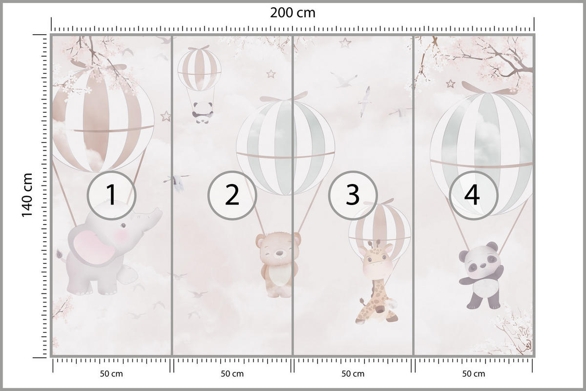 FOTOTAPETE für Kinderzimmer Tiere Himmel Elefant Giraffe Panda Vögel Ballons 200x140 - Multicolor, Papier (200/140cm) - Muralo