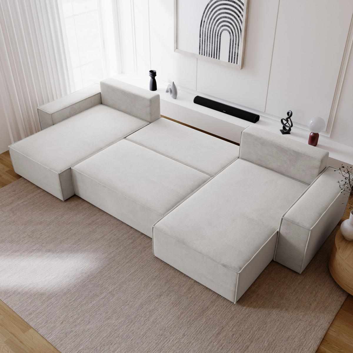 ECKSOFA 380 cm Bergamo U mit Bettkasten, Samt, Hellgrau - Hellgrau, Holz (377/189cm) - Emporius
