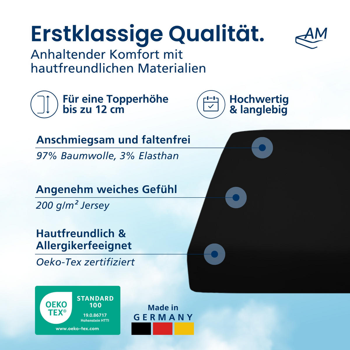 SPANNBETTLAKEN TOPPER 270/200/12 cm Schwarz - Schwarz, Textil (270/200cm) - AM Qualitätsmatratzen