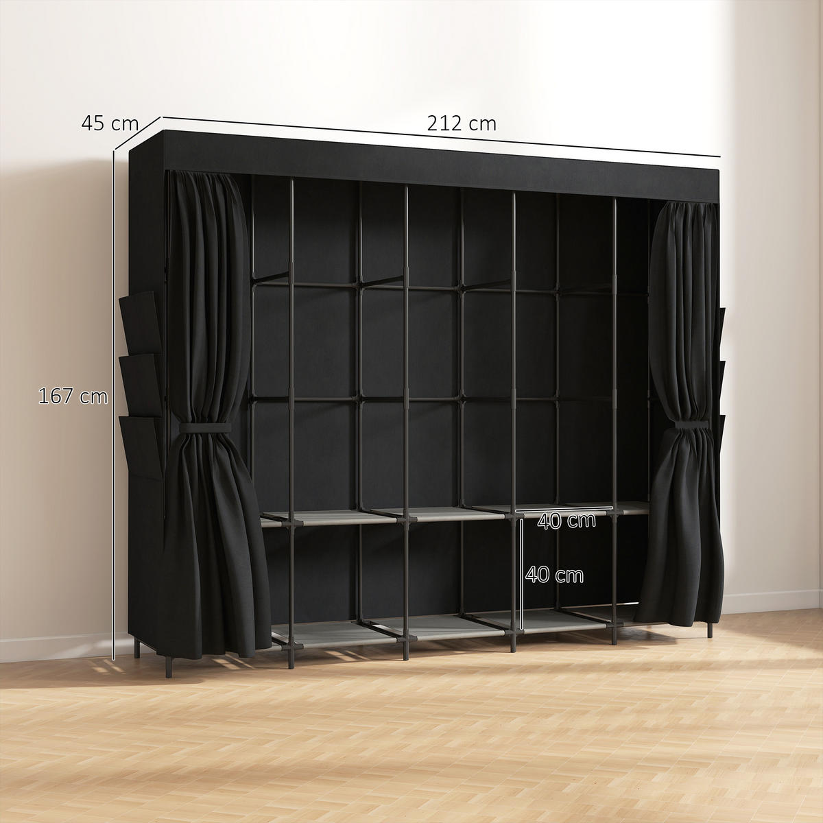 STOFFSCHRANK Stahl Vliesstoff Schwarz - Schwarz, Textil/Metall (45/167/212cm) - HOMCOM