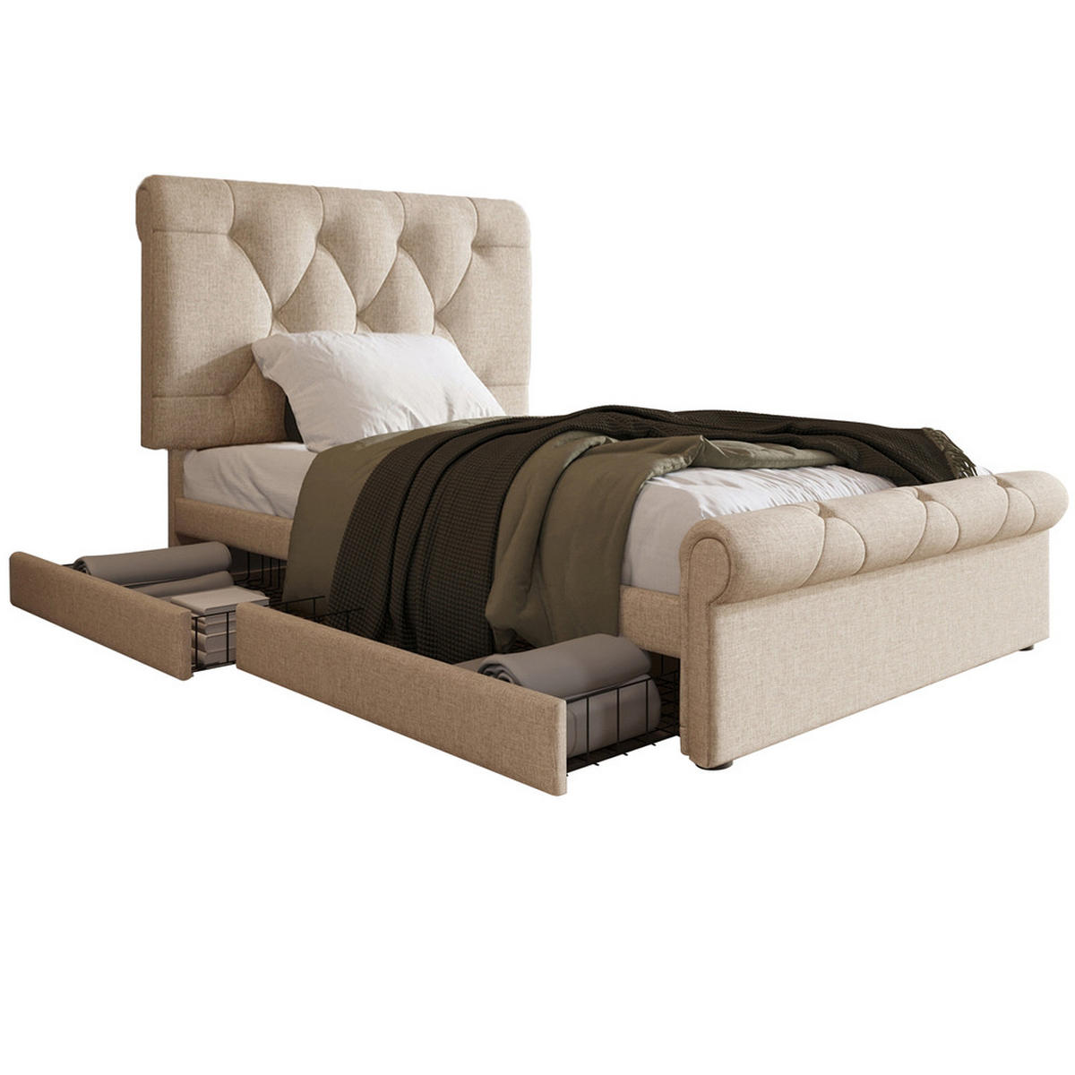 POLSTER EINZELBETT 90x200cm mit 2 Schubladen verstellbarem Kopfteil Natürlich - Braun, Holz (90/200cm) - FLIEKS