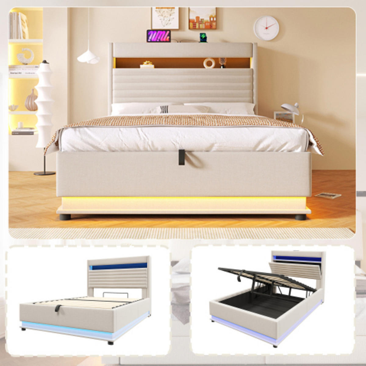 POLSTERBETT beige 218×142×113 cm aus Leinen-Stoff mit Hydraulikbettkasten, zweiseitigen LED-Leisten - Beige, Textil (140/200cm) - Luhomfu