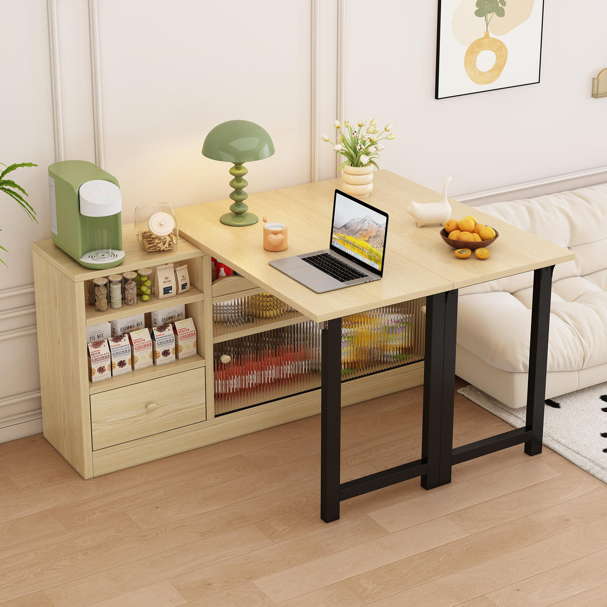 ESSTISCH Ausziehbar Klapptisch Natur Schwarz Stauraum Drehbar - Naturfarben, Holzwerkstoff (128.5/40/75.5cm) - FLIEKS