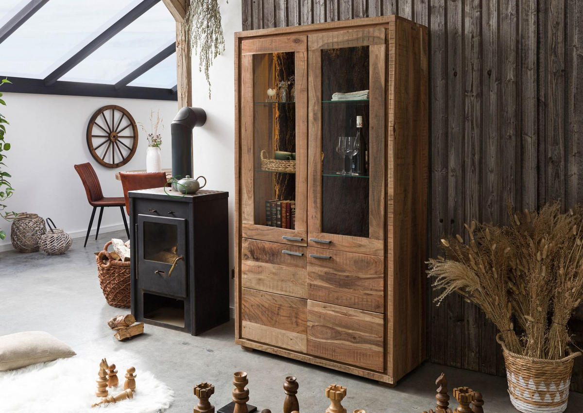 VITRINE Akazie 98x40x180 natur lackiert BARK #108 - Braun, Holz (98/180/40cm) - Massivmoebel24