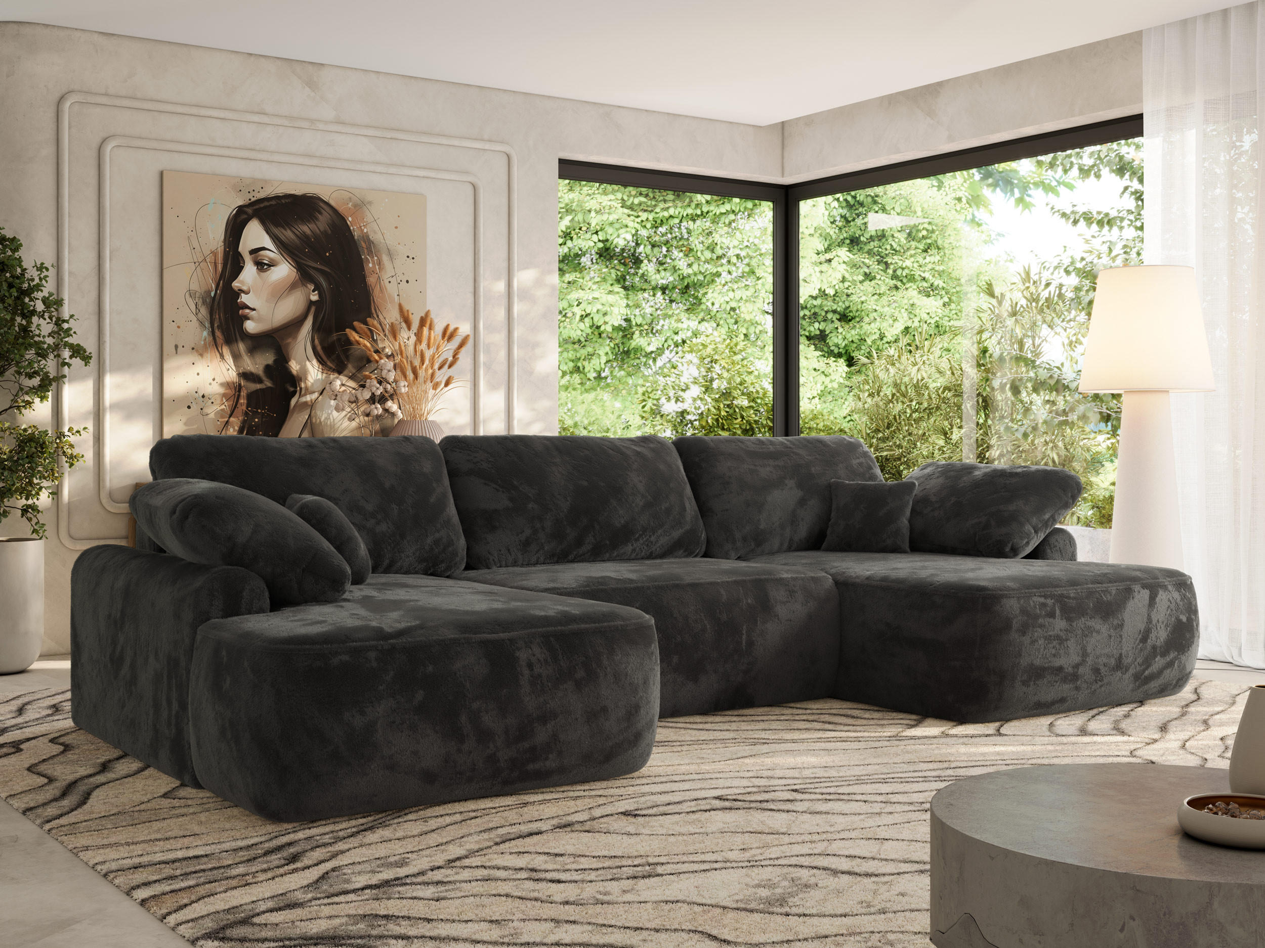 WOHNLANDSCHAFT CUBO U Dunkelgrau Plüsch - Dunkelgrau/Schwarz, Kunststoff/Textil (370/100/187cm) - MKS