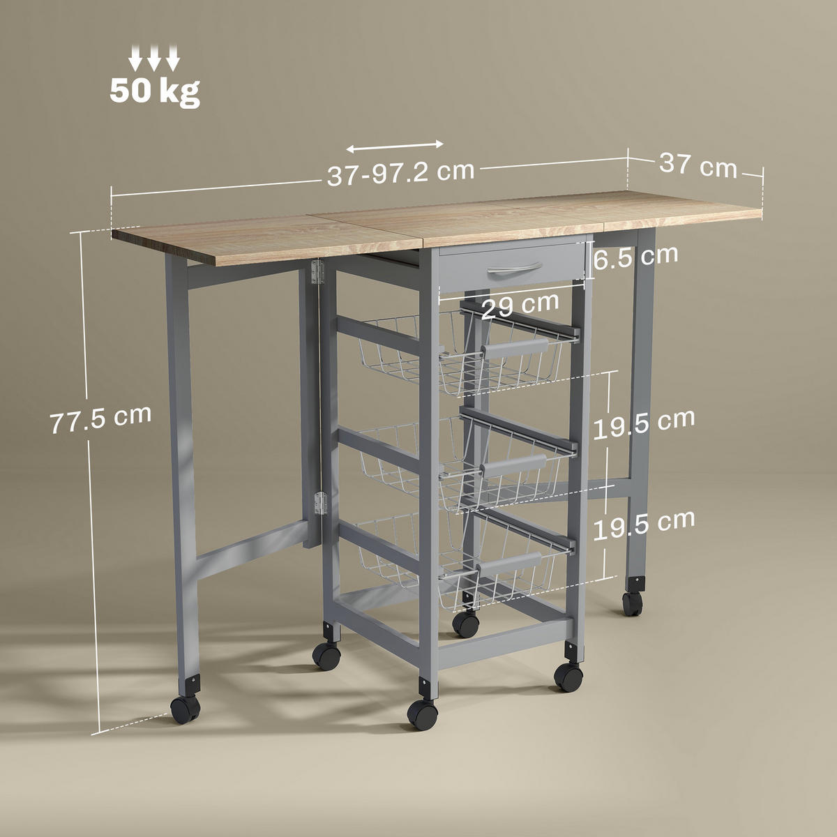 KÜCHENWAGEN, Wagen mit 3 Körben und 2 Klappen, 37 x 37 x 77,5 cm, Grau Eiche - Multicolor, Metall (97.2/77.5/37cm) - FORIOUS