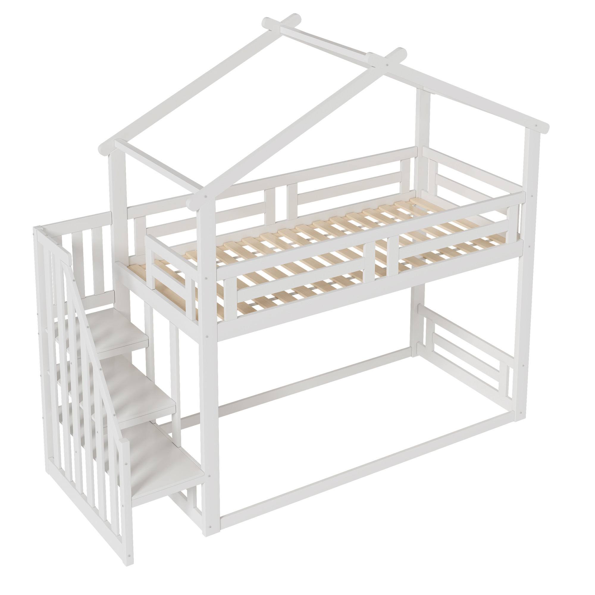 ETAGENBETT 90/200 cm DE-01572, in Weiß, mit Sicherheitstreppe und Hausdesign - Weiß, Holz (90/200cm) - ComfortXL