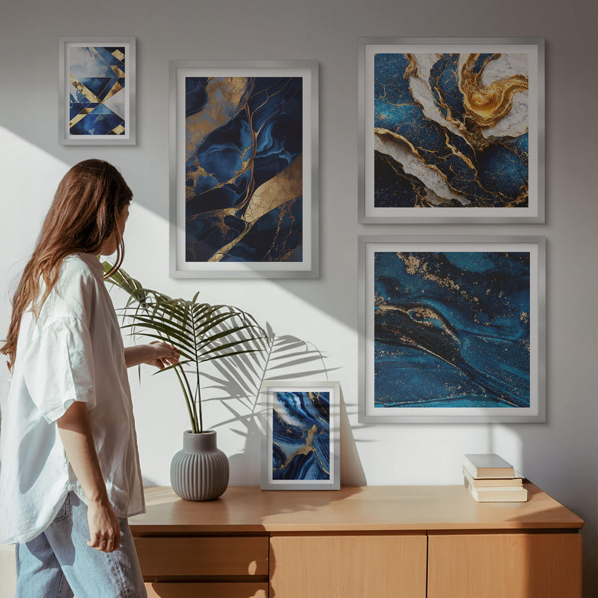 WANDBILDER 5er Set - 50x50 cm & 20x30 cm & 40x60 cm Silberner Rahmen - Abstrakte, elegante Muster - Silberfarben, Kunststoff (40/60cm) - ArtPrintCave