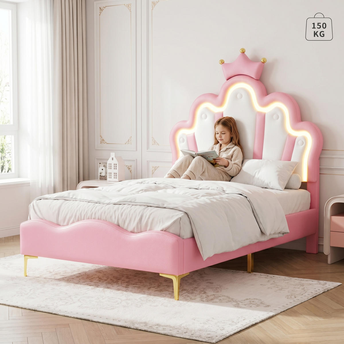KINDERBETT 90 x 190 cm, Prinzessinnen, mit RGB-LED-Beleuchtung, gepolsterter Krone, höhenverstellbarem Bettgestell, Rosa - Pink, Leder/Holz (190/90cm) - BursDany