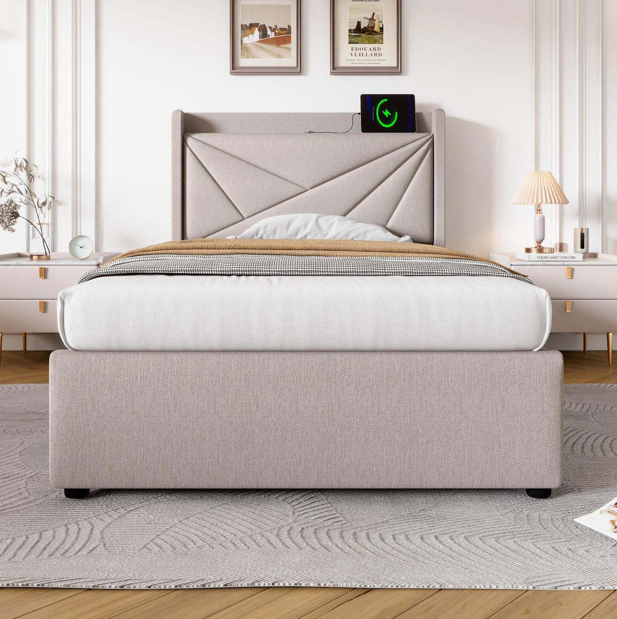 BETT mit Bettkasten und USB/Typ-C 90x200 cm Beige - Beige, Metall (90/200cm) - Meubliv