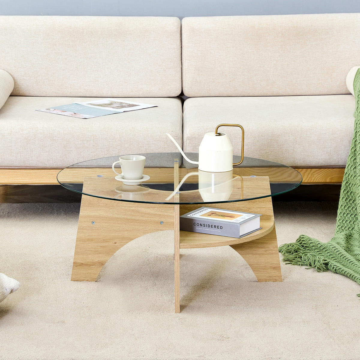 COUCHTISCH 80/80/36 cm transparent naturholzfarben aus Holzwerkstoff und Sicherheitsglas mit fächerförmigem Gestell - Naturfarben, Holzwerkstoff (80/80/36cm) - OKWISH