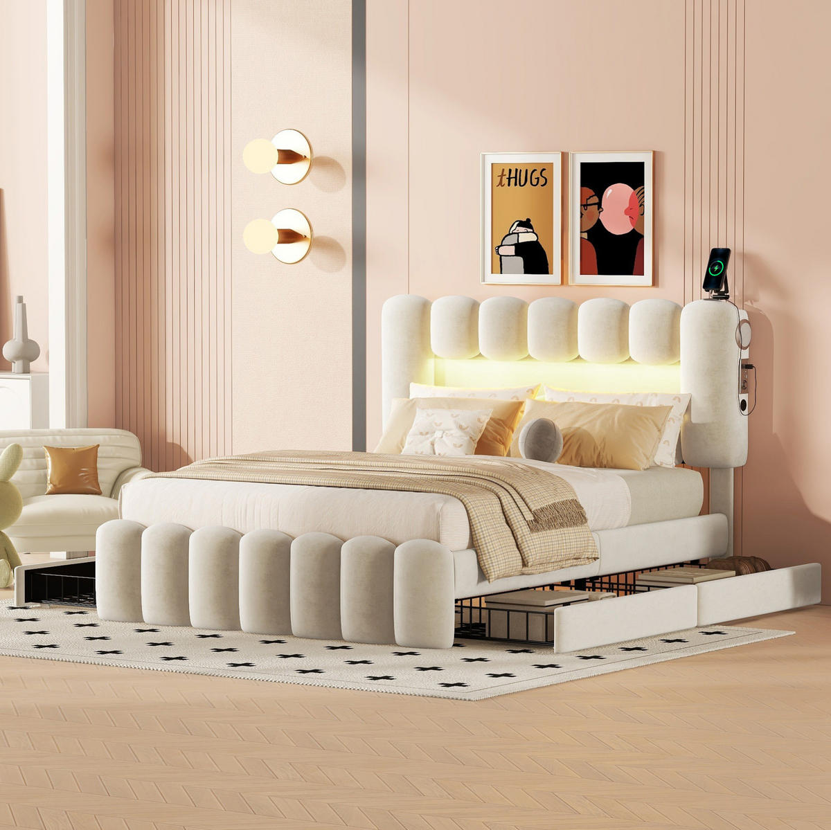 POLSTERBETT aus Samt 140 x 200 cm in Beige mit LED, USB, Lautsprechern & 4 Schubladen - Beige, Textil (140/200cm) - Modfu