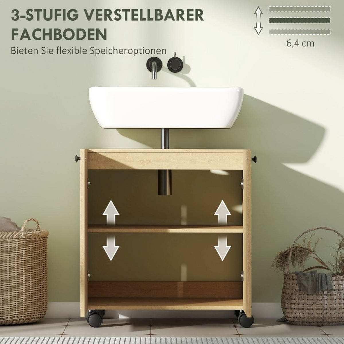 WASCHBECKENUNTERSCHRANK mit Rollen und Soft-Close Naturholz - Naturfarben, Holzwerkstoff (39.8/62/60cm) - Beauniv