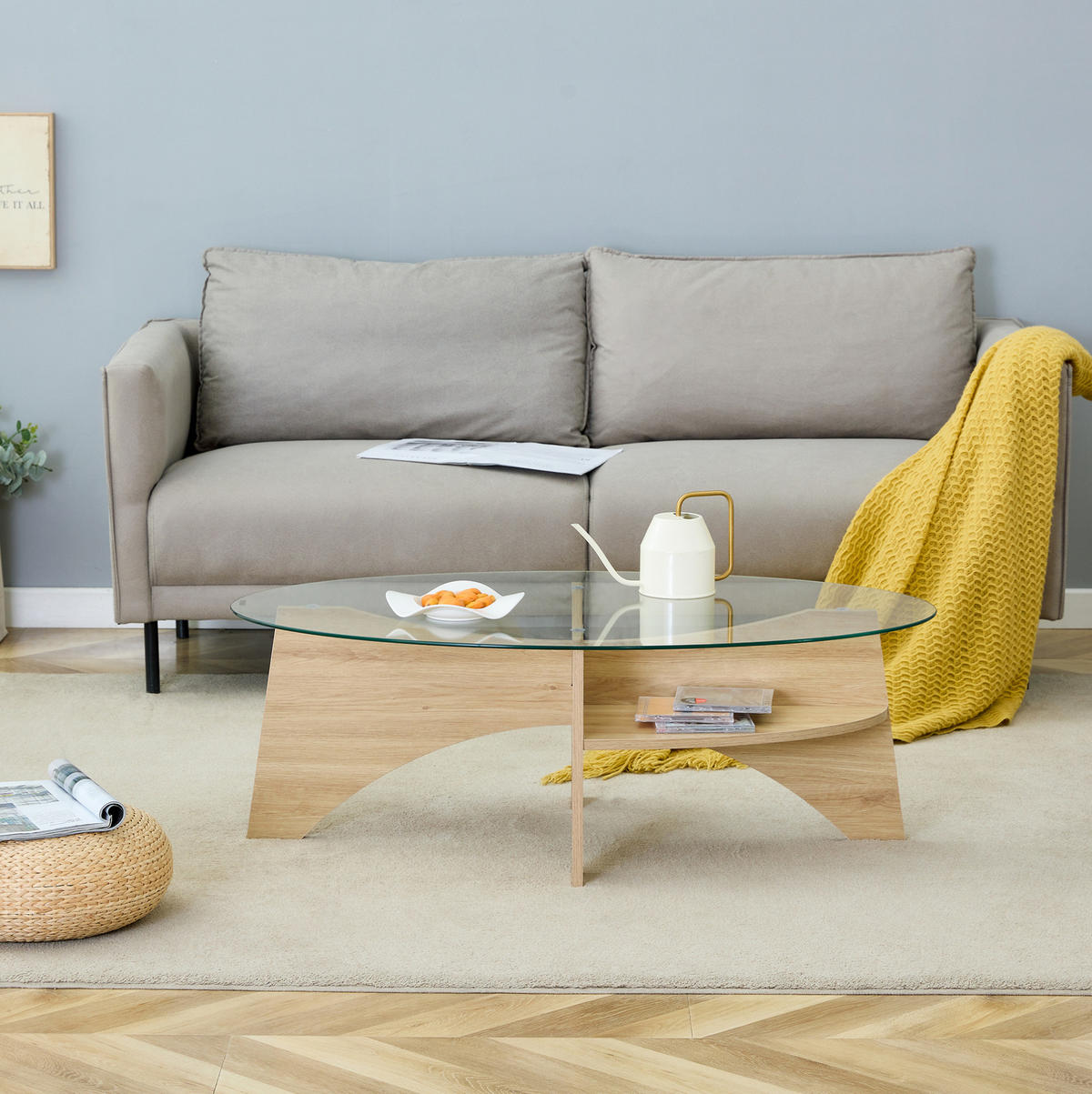 COUCHTISCH 104,9/60 cm mit Ablagefach, Sicherheitsglas und ovalem Design, Transparent/Holzfarben - Transparent, Glas (104.9/60/45cm) - Modfu