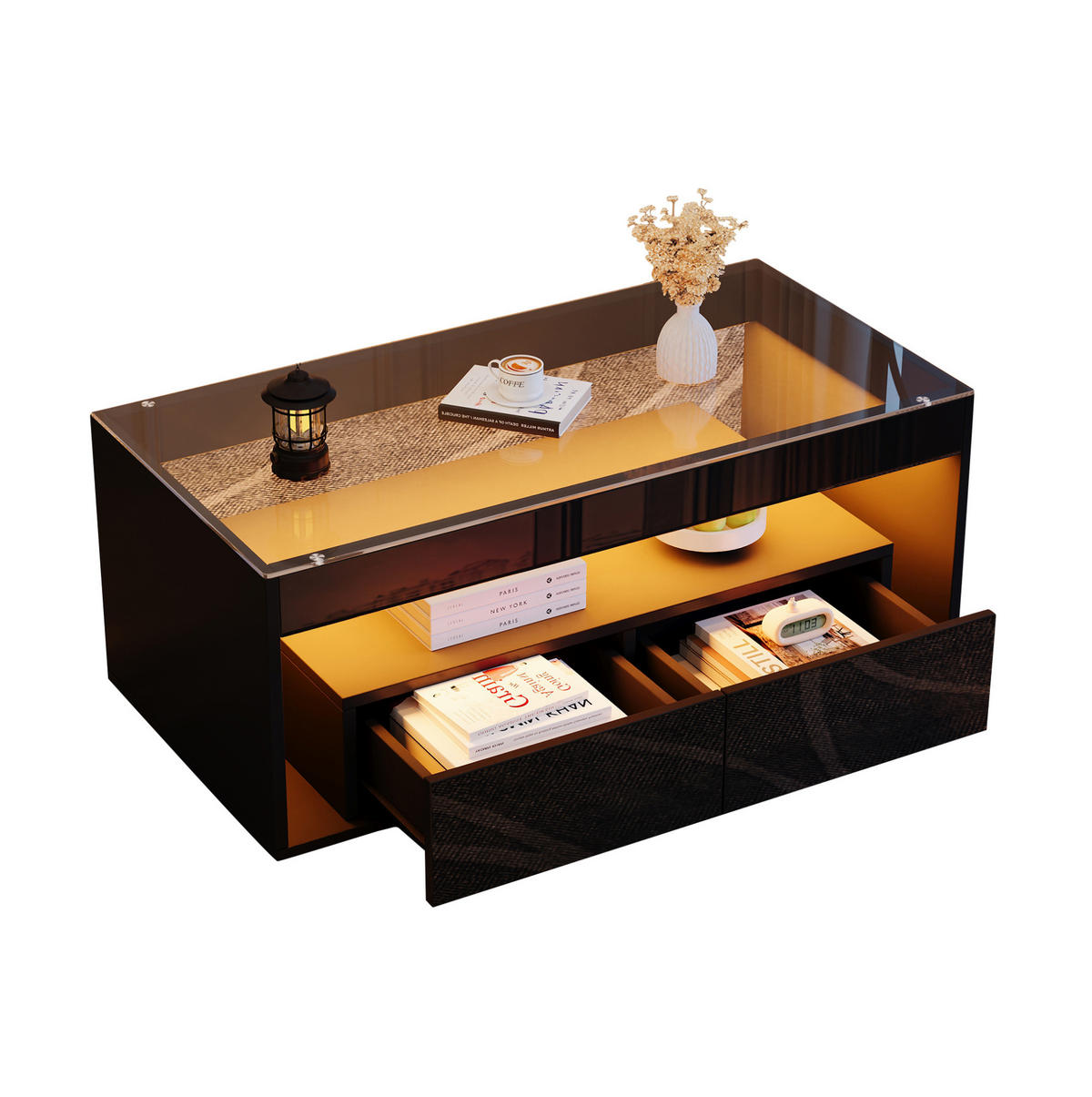 COUCHTISCH, LED‑Beleuchtung, Hochglanz‑Fronten, gehärtete Glasplatte, 100/50/40 cm, Schwarz - Schwarz, Holzwerkstoff (100/50/40cm) - Redom