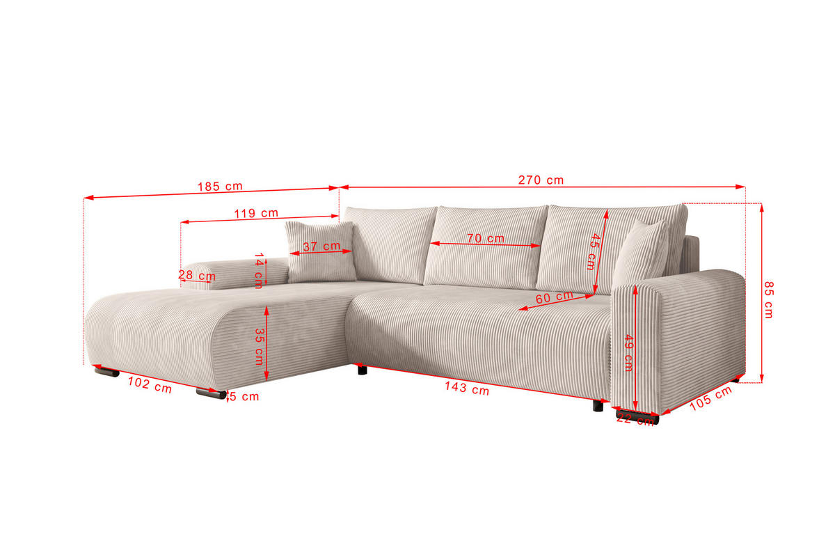 ECKSOFA Nelly mit Bettkasten und Schlaffunktion, Cordstoff in L-Form - Creme, Textil (270/185cm)