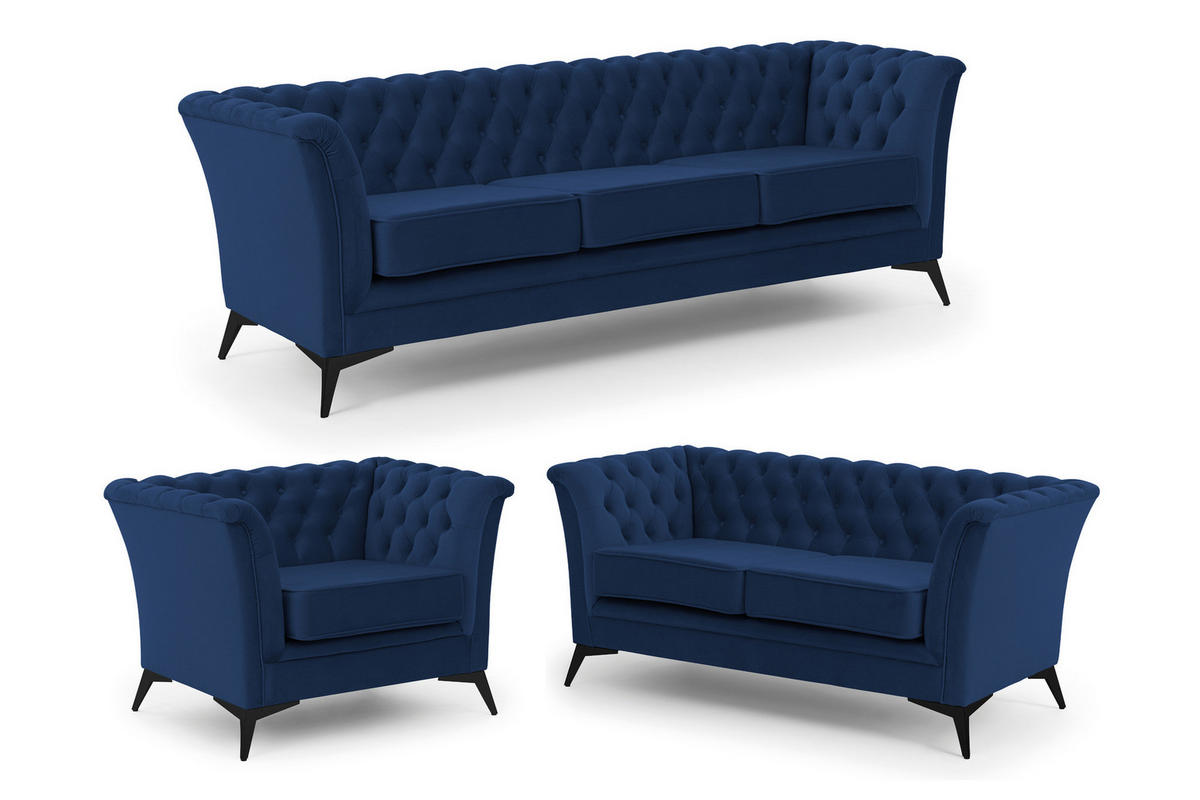 SITZGARNITUR 3+2+1 Chesterfield Whitby Marineblau Samt mit schwarzen Füßen - Blau/Schwarz, Holz/Textil (237/78/82cm) - S-Style Möbel