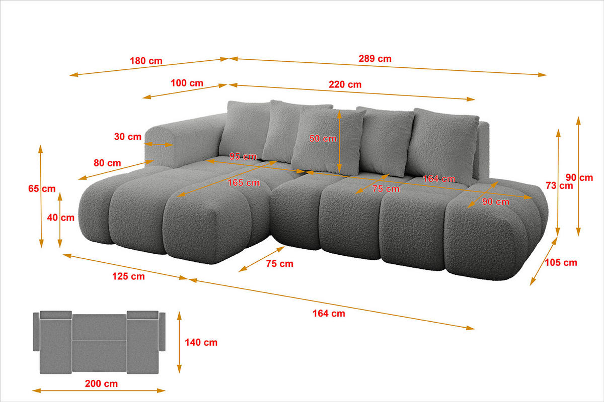 ECKSOFA Ottomane Links CLOUD-L-v1 289x180x40 Hellgrau Bouclé - Hellgrau, Holzwerkstoff/Kunststoff (180/289cm) - ALTDECOR