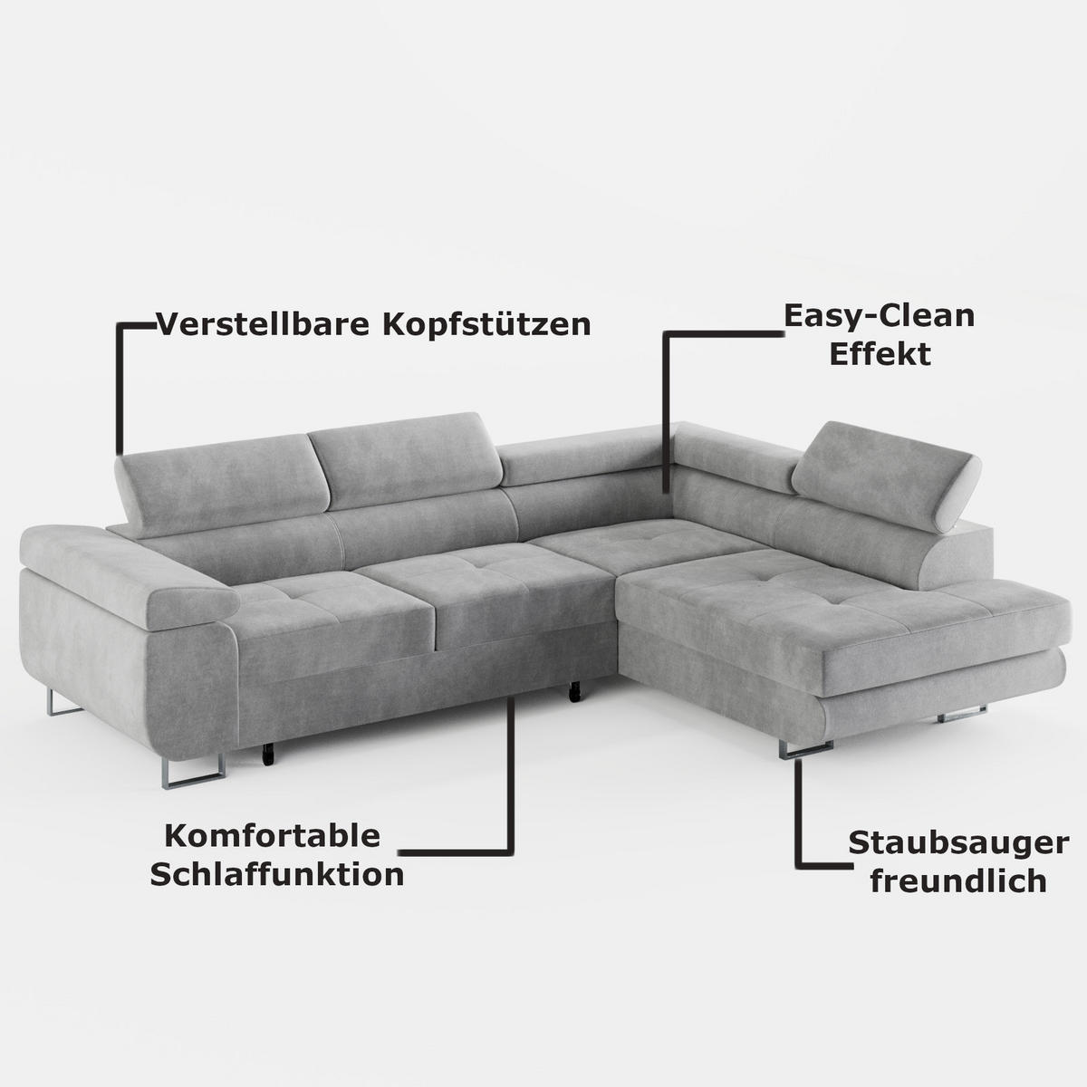 ECKSOFA VEMO EDGE Links Hellgrau Velour-Stoff mit Bettkasten und Schlaffunktion - Hellgrau, Textil (200/270cm) - Barchello