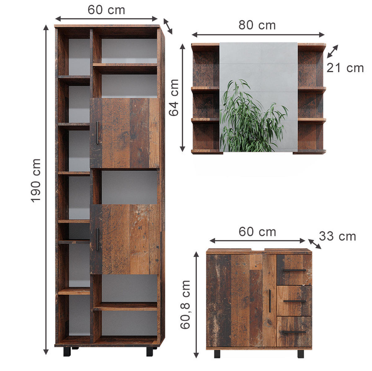 BADMÖBEL-SET Ilias Eiche rustikal 3 Teile, mit Unterschrank 60 cm - Wildeiche, Holzwerkstoff (60/60.8/33cm) - Vicco