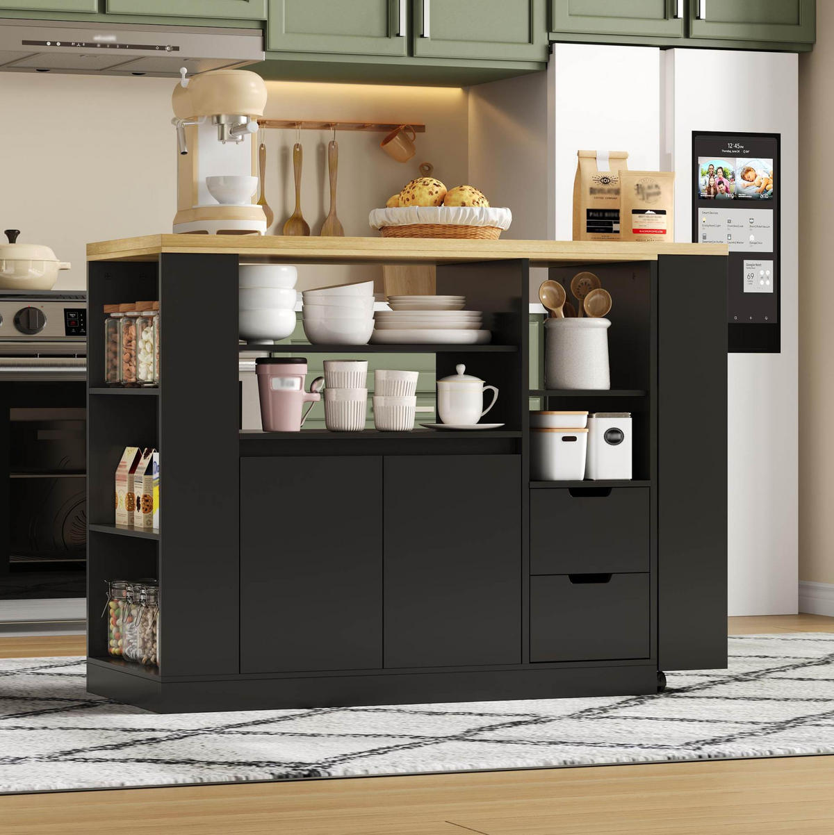 KÜCHENINSEL 115x50x92cm Schwarz mit drehbarer Ausziehplatte & Gewürzregal - Schwarz, Holzwerkstoff (115/92/50cm) - Modfu
