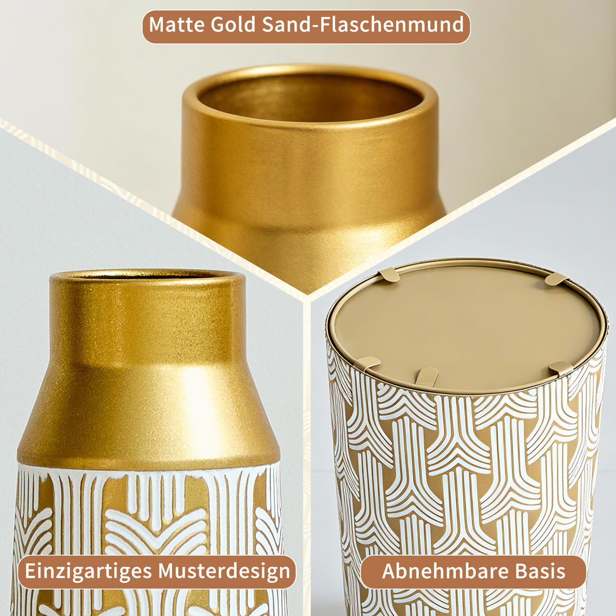 BODENVASE 3-tlg Bodenvase gold 42/51/60,5cm Metallvase geometrisch für Pampasgras - Goldfarben, Metall (66.49cm) - Raelunyi