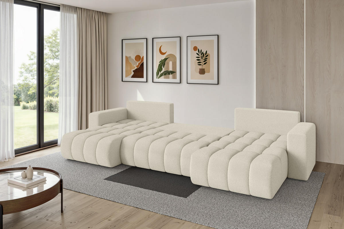 SEDACÍ SOUPRAVA DO U s funkcí spaní a úložným prostorem MILA-U-v1 378x194x86 béžová bouclé - černá/písková barva, kompozitní dřevo/textil (378/86/194cm) - ALTDECOR