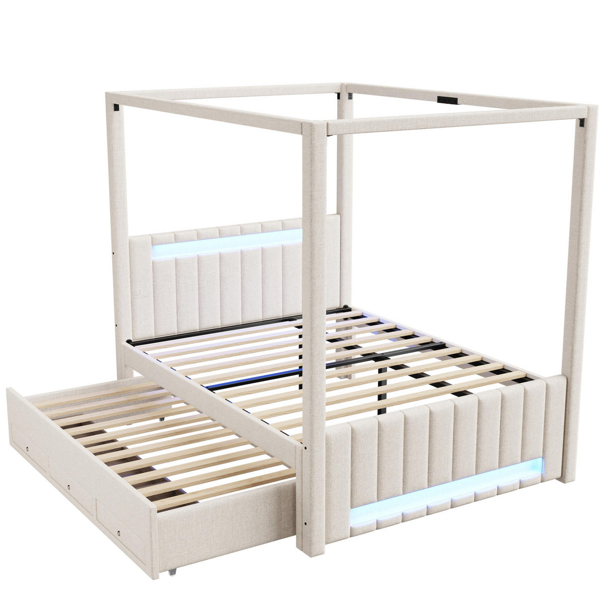 POLSTER-HIMMELBETT 140/200 cm mit Ausziehbett, 3 Schubladen und LED-Beleuchtung, Beige - Beige, Textil (140/200cm) - Redom