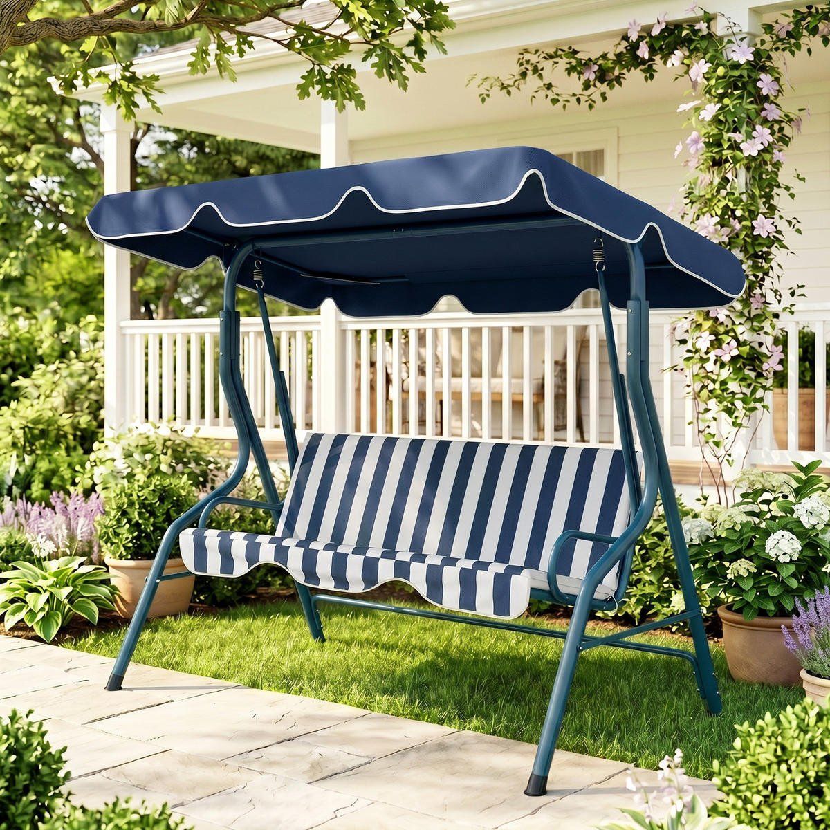 OUTDOOR-SCHAUKEL, verstellbar Stahlrahmen Sonnendach, blau - Blau, Metall (52.5/14.5/138.5cm) - Vallsero