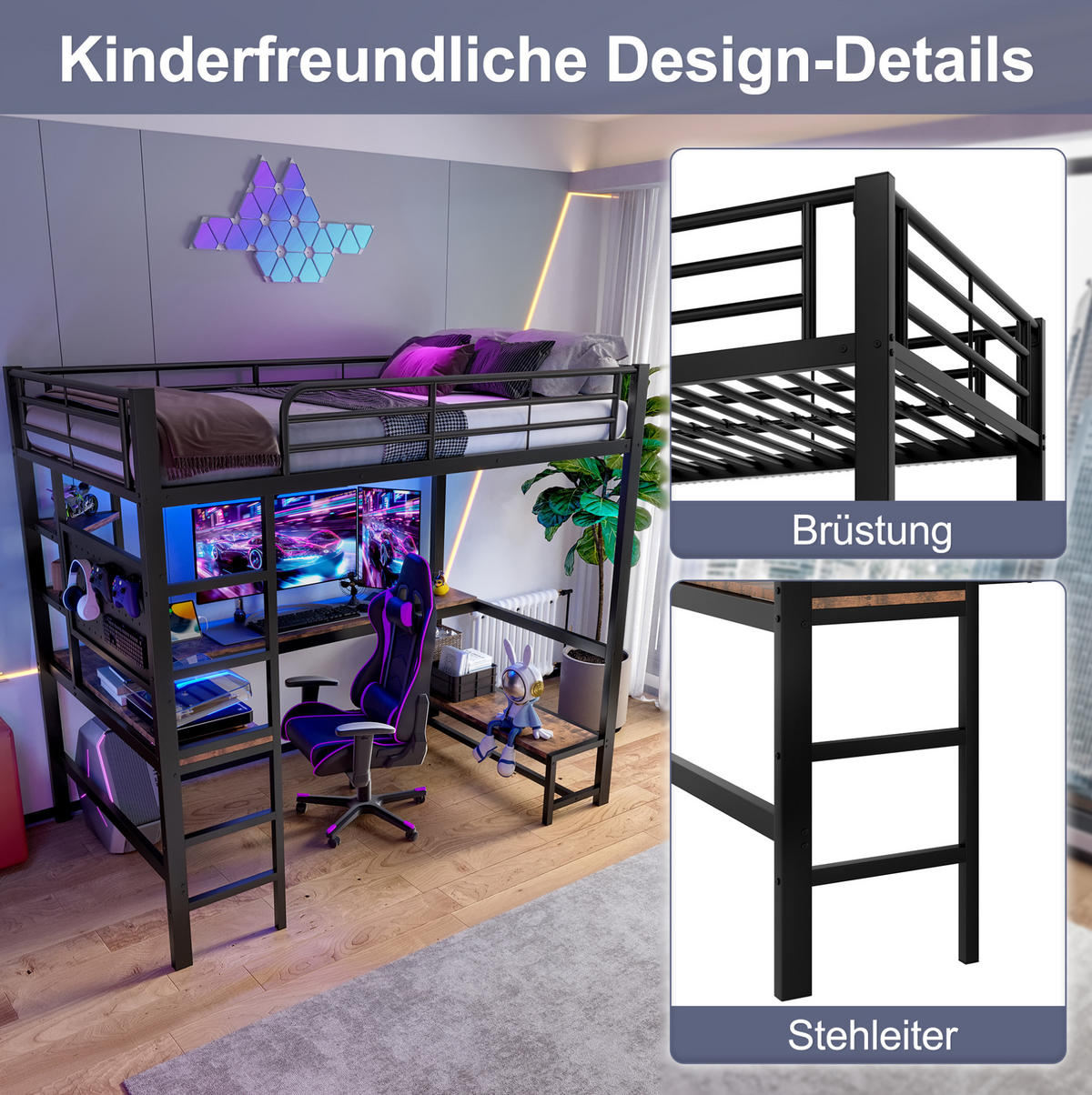 HOCHBETT 90/200 cm aus Metall mit Schreibtisch, LED-Leiste, USB-C, Schwarz - Schwarz, Metall (90/200cm) - OKMYHOME