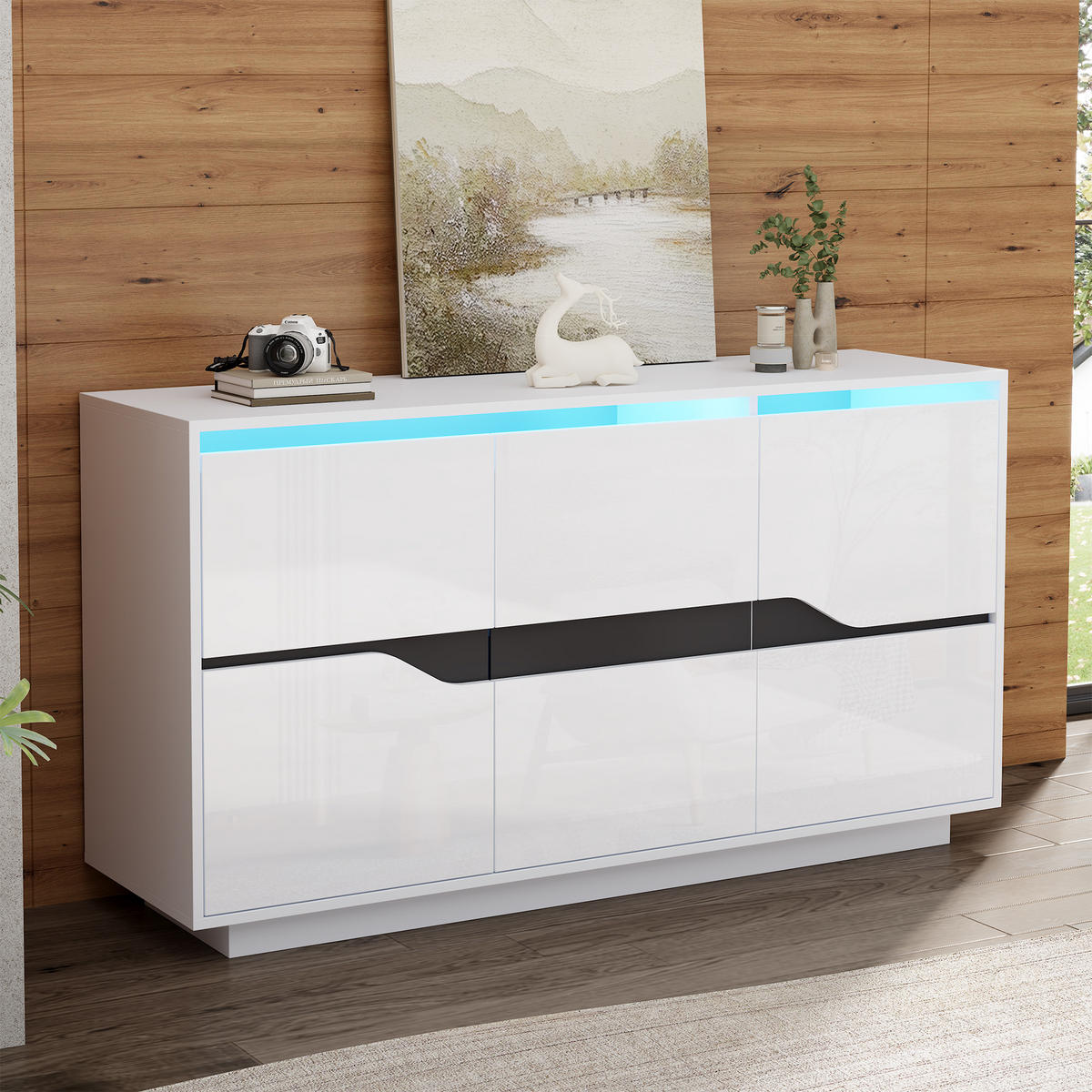 SIDEBOARD LED Weiß Schwarz 3 Türen 140x40x70cm Hochglanz Stauraum - Weiß, Holzwerkstoff (40/70/140cm) - FLIEKS