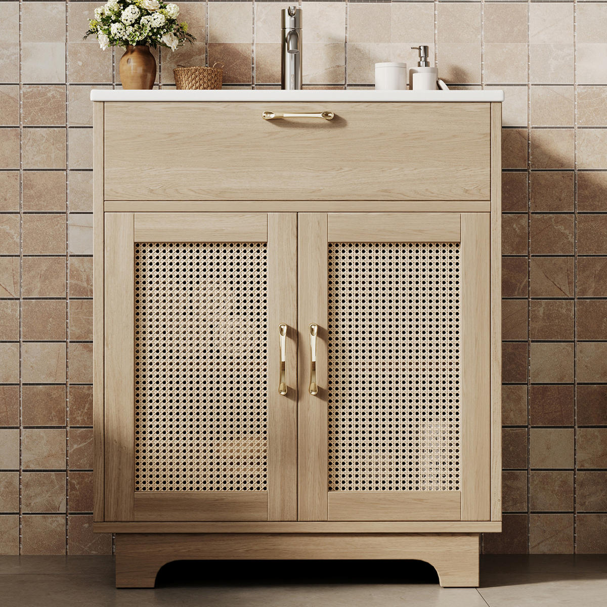 WASCHTISCHKOMBI,WASCHBECKENUNTERSCHRANK mit Keramikbecken Rattan Optik 76/46 cm - Naturfarben, Holz/Metall (87/88/46cm) - PARAFTA HOME