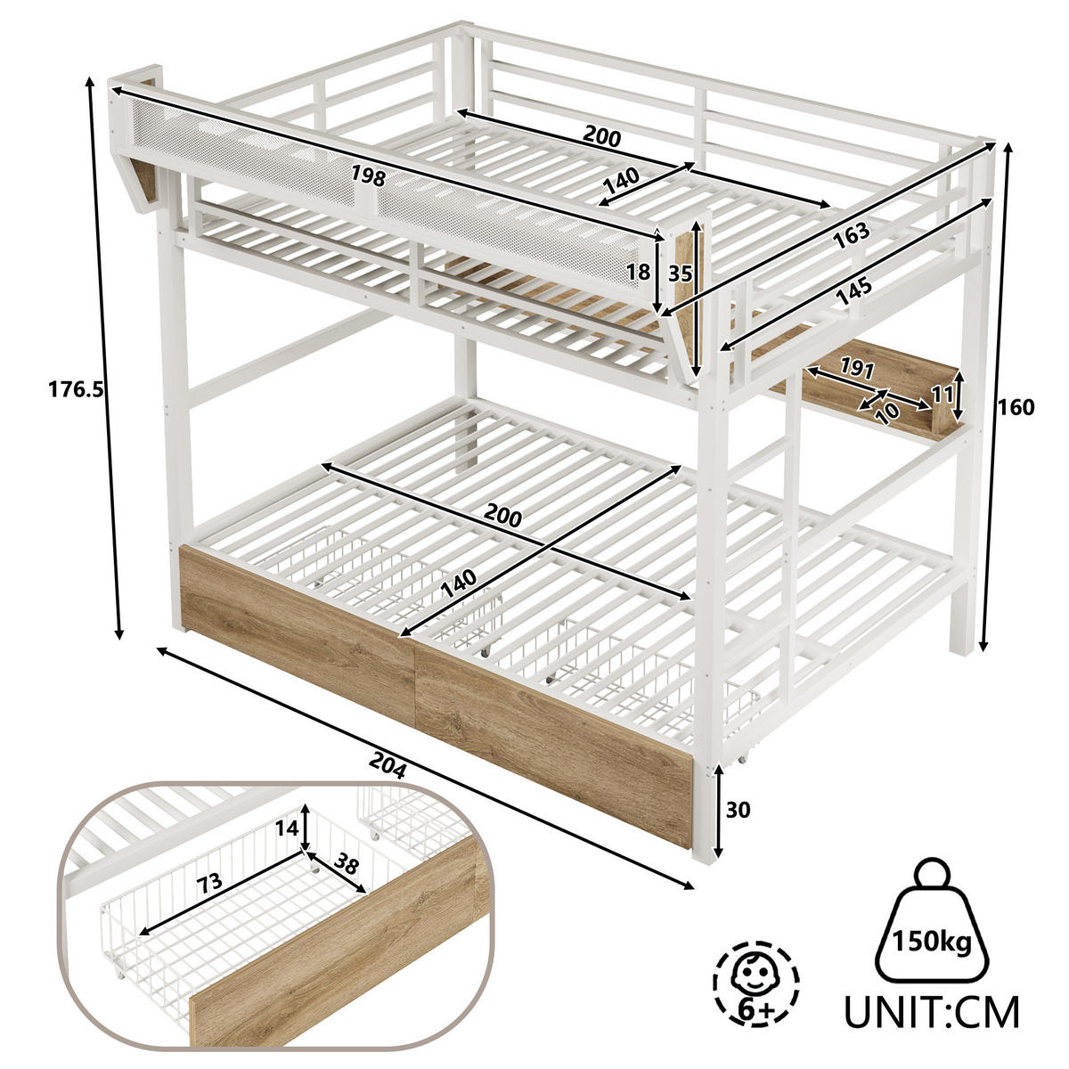 ETAGENBETT 140/200 cm in Weiß mit Ablagebord, Aufbewahrungskorb, Schubladen und LED - Weiß, Holzwerkstoff/Metall (140/200cm) - WISHDOR