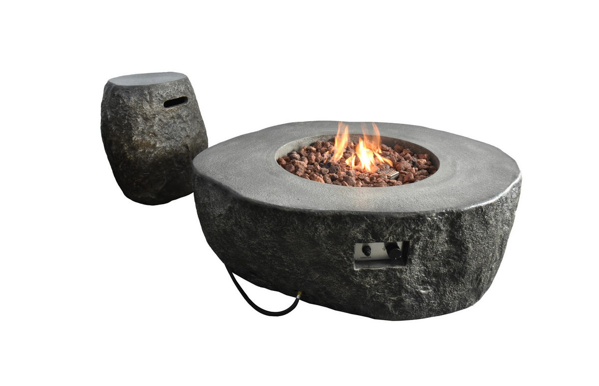 FEUERTISCH Boulder Gasfeuerstelle aus GF-Beton - 4-tlg. Set inkl. Glasumrandung, Brennerabdeckung und Gasflaschen-Abdeckung - Naturfarben, Naturmaterialien (89/41/110cm) - Elementi