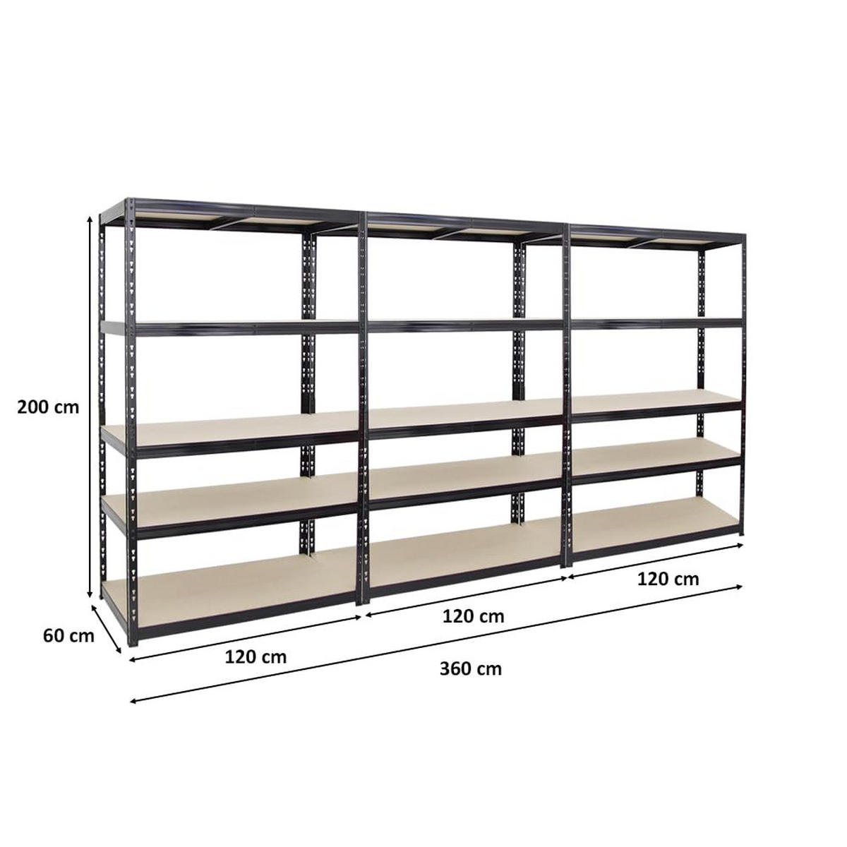 SCHWERLASTREGAL Giant Tiger 3er-Set mit 3x 200x120x60 cm Fachlast 265 kg 5-Ebenen Schwarz - Schwarz, Metall (360/200/60cm) - PROREGAL