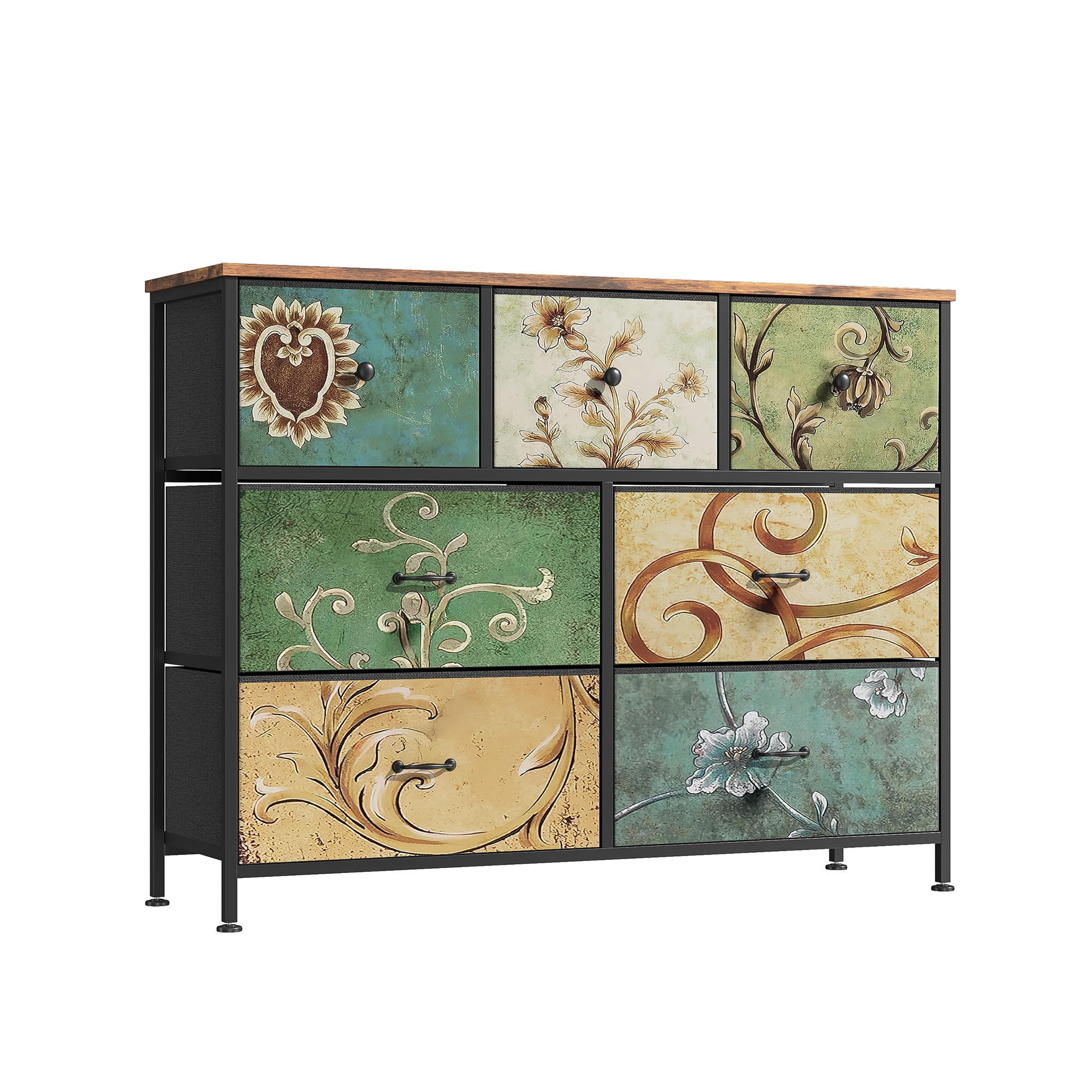 KOMMODE mit 7 Schubladen - 100x30x78cm - Faltbare Stoffschubladen im Vintage-Stil & Verstellbare Füße - Retro-Muster Mehrfarbig - Multicolor, Metall (30/78/100cm) - DELFA