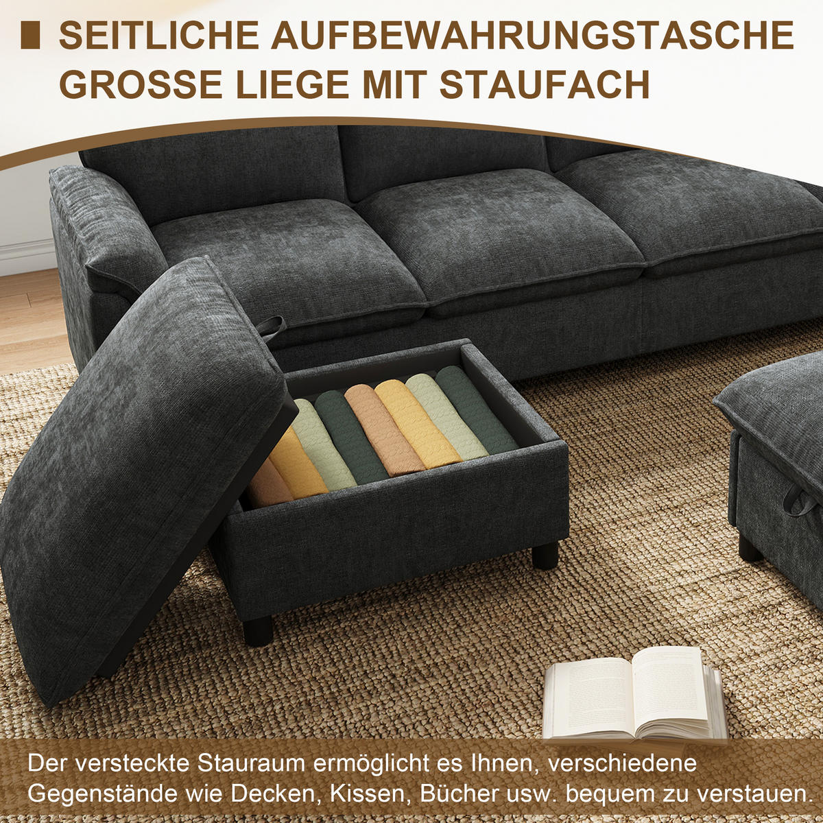 WOHNLANDSCHAFT 264.5/142.5/84 cm Schwarz mit 2 Aufbewahrungs-Ottomane - Schwarz, Textil (142.5/84/264.5cm) - Oxeza