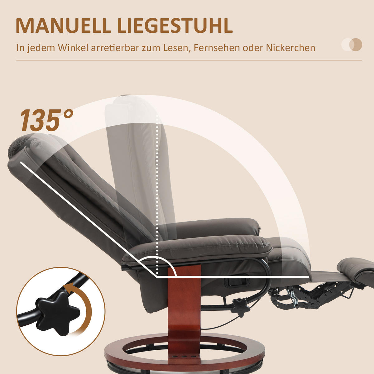 RELAXSESSEL, drehbarer TV-Sessel, Liegefunktion, Fußstütze, Lederoptik, Braun - Braun, Leder (88/103/78cm) - HOMCOM