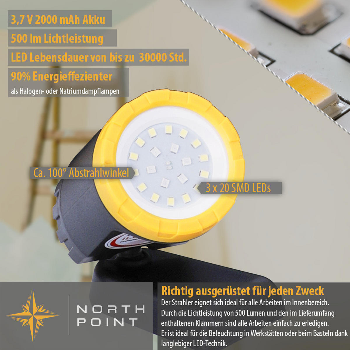 LED-ARBEITSLEUCHTEN - 3x Inspektionslampen mit 2000mAh Akku und Ladekoffer für flexible Einsatzmöglichkeiten, 3er-Set - Schwarz, Kunststoff (12/33/17.5cm) - Northpoint