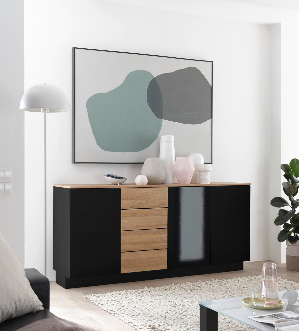 SIDEBOARD M14 Schwarz Hochglanz & Grandson Oak hell 181/85/43 cm breit - Schwarz Hochglanz, Holzwerkstoff (181/85/43cm) - Livojo